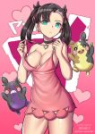  1girl aqua_eyes asymmetrical_bangs asymmetrical_hair bangs black_hair blush breasts choker cleavage commentary_request dress earrings eyebrows_visible_through_hair giovanni_zaccaria hair_ribbon heart heart_print jewelry large_breasts long_hair long_sleeves looking_at_viewer mary_(pokemon) morpeko open_clothes pink_dress pokemon pokemon_(game) pokemon_swsh red_ribbon ribbon twintails 