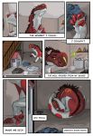  2020 alradeck basement clothing comic curled_up detailed_background digital_media_(artwork) dinosaur duo english_text feral green_eyes hair reptile sad scalie scared shaking teeth text weapon white_hair 