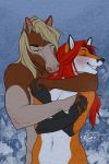  2017 aeril_(helios) anthro blonde_hair canid canine chev_(helios) duo equid equine eyes_closed female fox hair hand_holding hi_res horse interlocked_fingers lbproductions long_hair male mammal navel nude red_hair smile tongue 