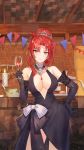  1girl alcohol bare_shoulders black_dress black_gloves bow bowl breasts brick_wall brown_eyes candle center_opening commentary_request cup dress drinking_glass elbow_gloves gloves gongsun_ai_li_buli halterneck hand_on_hip highres holding holding_cup honkai_(series) honkai_impact_3rd indoors jewelry large_breasts long_hair looking_at_viewer mole mole_on_breast murata_himeko necklace pendant red_hair sidelocks sleeveless sleeveless_dress smile solo string_of_flags white_bow wine wine_glass 