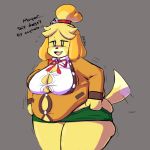  1:1 2020 animal_crossing anthro belly breasts butt canid canine canis clothed clothing domestic_dog english_text female fupoo isabelle_(animal_crossing) mammal nintendo overweight shih_tzu simple_background solo text toy_dog video_games wide_hips 