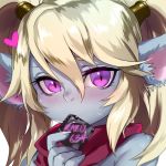  1girl animal_ear_fluff bangs blue_skin blush commentary_request condom condom_in_mouth condom_wrapper face fang heart league_of_legends long_hair looking_at_viewer mouth_hold non_(nonzile) pointy_ears poppy purple_eyes red_scarf scarf solo swept_bangs twintails yordle 
