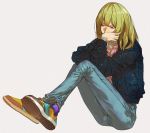  1boy androgynous blue_jacket casual covering_mouth crossed_ankles denim fate/grand_order fate_(series) green_hair jacket jeans kingu_(fate) long_hair maka_(mksrw) modern pants purple_eyes shoes sitting sneakers solo 