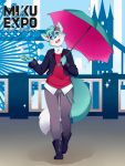  2020 anthro blue_body blue_eyes blue_fur blush boots bottomwear canid canine clothing cosplay dipstick_tail dress_shirt ferris_wheel footwear fox fur fur_markings hatsune_miku hi_res holding_object jacket looking_up male mammal markings multicolored_tail onirin open_mouth pants roflfox shirt smile sparkles sweater text topwear umbrella vocaloid white_body white_fur 