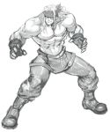  1boy abs alex_(street_fighter) boots combat_boots commentary david_liu english_commentary fighting_stance fingerless_gloves full_body gloves greyscale headband long_hair male_focus monochrome muscle overalls pectorals shirtless sketch solo street_fighter street_fighter_iii_(series) suspenders_hanging tattoo work_in_progress 