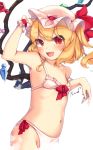  1girl absurdres arm_up artist_name bangs bare_arms bare_shoulders bikini blonde_hair blush bow_bikini breasts commentary_request cowboy_shot fang flandre_scarlet hat hat_ribbon highres long_hair looking_at_viewer maremay0513 mob_cap navel off_shoulder one_side_up open_mouth red_eyes red_ribbon ribbon simple_background small_breasts smile solo stomach swimsuit touhou white_background white_bikini wings wrist_cuffs 