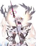  1girl angel_wings armpits bare_shoulders black_legwear black_ribbon blue_eyes blurry breasts closed_mouth commentary_request detached_sleeves dress expressionless feathered_wings feathers hair_between_eyes hair_ribbon hand_on_own_head head_tilt highres holding holding_weapon kneeling lance light_ray long_sleeves looking_at_viewer medium_hair nanananana neck_ribbon orange_ribbon original polearm reflection ribbon shoes short_dress shoulder_cutout small_breasts solo thighhighs weapon white_dress white_footwear white_hair wings zettai_ryouiki 