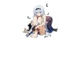  1girl backpack bag bandaid bangs bare_shoulders black_hairband bullet damaged full_body girls_frontline gun hair_between_eyes hairband handgun holding holding_gun holding_weapon legs long_hair looking_at_viewer nin official_art parted_lips pistol red_eyes red_ribbon ribbon scar shirt sitting solo thunder_(girls_frontline) torn_clothes torn_shirt transparent_background weapon 