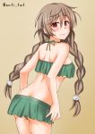  1girl alternate_costume anti_(untea9) bikini blush braid breasts brown_eyes closed_mouth cloud_hair_ornament eyebrows_visible_through_hair gradient gradient_background green_bikini highres kantai_collection large_breasts light_brown_hair long_hair looking_at_viewer minegumo_(kantai_collection) red_eyes solo swimsuit twin_braids 