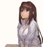  1girl aozaki_aoko arms_between_legs blue_eyes breasts brown_hair cleavage collar hair_intakes highres hiro_(hirohiro_gorira) large_breasts long_hair looking_at_viewer mahou_tsukai_no_yoru no_legwear open_clothes open_mouth open_shirt shirt sleeves_rolled_up solo 