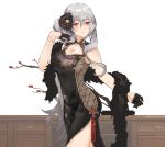  1girl azur_lane bangs bare_shoulders black_dress black_flower black_gloves breasts china_dress chinese_clothes cleavage cleavage_cutout commentary_request desk drawer dress flower gloves graf_zeppelin_(azur_lane) hair_between_eyes hair_bun hair_flower hair_ornament hand_up iron_cross large_breasts long_hair looking_at_viewer nello_(luminous_darkness) parted_lips pelvic_curtain red_eyes shawl side_bun silver_hair simple_background sleeveless sleeveless_dress solo tassel very_long_hair white_background 
