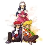  1girl 2boys beanie black_pants blonde_hair boat brown_footwear commentary_request crossed_arms diamond_(pokemon) dress full_body green_scarf hat hk_(nt) long_hair looking_at_viewer multiple_boys pants pearl_(pokemon) pink_dress platinum_berlitz pokemon pokemon_special poketch purple_eyes purple_footwear scarf shoes simple_background sitting standing watch watercraft white_background white_headwear white_scarf winter_clothes wristwatch yellow_eyes 