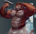  2018 abs absurd_res anthro bathroom beard biceps big_muscles brown_body brown_fur brown_hair clothed clothing facial_hair felid fur hair hi_res huge_muscles hulooo looking_at_viewer male mammal multicolored_hair muscular muscular_male nipples orange_body orange_fur pantherine pecs pink_nipples pink_nose snoway solo standing striped_body striped_fur stripes tiger topless towel towel_only two_tone_hair wet white_body white_fur white_hair yellow_eyes 