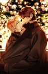  2boys backlighting blonde_hair brown_hair city_lights clothes_pull covered_mouth eye_contact fate/stay_night fate_(series) gilgamesh gloves incoming_kiss kotomine_kirei looking_at_another maka_(mksrw) male_focus multiple_boys night winter_clothes yaoi 