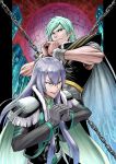  2boys abs aqua_hair bangs blue_eyes cape chain clenched_hands closed_mouth ear_piercing evil_smile fresh_precure! frown gloves green_eyes grey_hair hair_between_eyes hands_together highres ito_user_2810a long_hair looking_at_viewer looking_away machine male_focus multiple_boys muscle open_mouth orb piercing precure smile souler_(fresh_precure!) swept_bangs thick_eyebrows toned v-shaped_eyebrows wester_(fresh_precure!) wrist_cuffs 