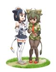  2girls animal_ears animal_print aurochs_(kemono_friends) bangs bare_shoulders bell black_eyes black_hair bow breast_pocket breasts brown_eyes brown_hair camouflage camouflage_shirt camouflage_skirt cleavage collared_shirt commentary_request cow_ears cow_girl cow_horns cow_print cow_tail dark_skin elbow_gloves empty_eyes extra_ears eyebrows_visible_through_hair frilled_skirt frills full_body furrowed_eyebrows gloves grass green_hair hair_bow hair_bun hands_up holstein_friesian_cattle_(kemono_friends) horizontal_pupils horns kemono_friends knees_together_feet_apart legs_together long_sleeves looking_at_another looking_at_breasts microskirt midriff multicolored_hair multiple_girls navel necktie open_mouth pantyhose pocket print_gloves print_legwear print_shirt print_skirt shirt shoes short_over_long_sleeves short_sleeves shun05q sidelocks skindentation skirt sleeveless sleeveless_shirt smile standing stomach tail thighhighs two-tone_hair v-shaped_eyebrows white_hair wing_collar zettai_ryouiki 