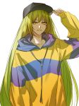  1other adjusting_clothes adjusting_hat androgynous baseball_cap enkidu_(fate/strange_fake) green_hair hat hood hoodie jacket long_hair maka_(mksrw) modern solo very_long_hair yellow_eyes yellow_jacket 