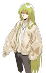  1boy alternate_costume androgynous casual contemporary cowboy_shot fate/grand_order fate_(series) green_hair jacket jewelry kingu_(fate) long_hair maka_(mksrw) male_focus necklace purple_eyes sleeves_past_wrists solo very_long_hair 