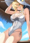  1girl ahoge artoria_pendragon_(all) artoria_pendragon_(swimsuit_ruler)_(fate) bangs bare_shoulders blonde_hair blush breasts covered_navel fate/grand_order fate_(series) green_eyes hellandheaven highres large_breasts long_hair looking_at_viewer one-piece_swimsuit open_mouth sidelocks smile swimsuit thighs white_swimsuit 