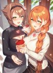  2girls black_sweater blush braid breasts brown_hair brown_skirt bubble_tea cleavage cleavage_cutout commentary_request crossover cup drinking_straw from_above girls_frontline grey_skirt hairband highres holding holding_cup jewelry kantai_collection kinsenka_momi large_breasts long_hair long_sleeves looking_at_viewer m1903_springfield_(girls_frontline) multiple_girls mutsu_(kantai_collection) open_mouth outdoors ribbed_sweater ring short_hair skirt snow steam sweater twin_braids wedding_band white_sweater 