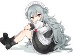  1girl alternate_costume apron bangs black_footwear blush boots double_bun dress enmaided eyebrows_visible_through_hair frilled_dress frills g11_(girls_frontline) girls_frontline grey_hair highres hino6197 long_hair maid maid_headdress messy_hair red_eyes shadow short_sleeves simple_background sitting solo white_apron white_background 