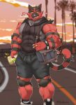  &lt;3 anthro biceps big_muscles bottomwear bulge clock clothed clothing fangs felid feline game_console handbag hi_res incineroar male mammal muscular muscular_male nintendo nintendo_switch pecs pok&eacute;mon pok&eacute;mon_(species) raikarou shirt shorts solo sunset tank_top topwear video_games watch 