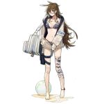  1girl alternate_costume animal_ears anklet armband bag ball bangs barefoot beachball bikini blue-framed_eyewear blush breasts brown_eyes brown_hair camouflage camouflage_bikini closed_mouth collarbone full_body girls_frontline glasses grey_bikini grey_jacket hair_ornament horse_ears jacket jewelry large_breasts long_hair mechanical_legs navel nin official_art pouch robot_joints semi-rimless_eyewear shoulder_bag sidelocks solo stomach swimsuit thigh_strap transparent_background type_88_(girls_frontline) under-rim_eyewear unzipped weapon_bag 