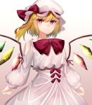  1girl absurdres blonde_hair bow bowtie crystal dress flandre_scarlet hat hat_bow highres katsukare looking_at_viewer puffy_sleeves red_bow red_eyes red_neckwear short_hair solo the_embodiment_of_scarlet_devil touhou white_dress wings 