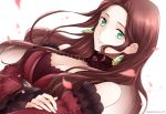  1girl breasts brown_hair cleavage closed_mouth dorothea_arnault earrings fire_emblem fire_emblem:_three_houses green_eyes jewelry long_hair long_sleeves petals shirokuroma_29 simple_background solo twitter_username upper_body white_background 