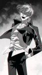 1boy casual fate/stay_night fate_(series) film_grain gilgamesh greyscale hair_over_one_eye hands_in_pockets jacket laughing maka_(mksrw) male_focus monochrome solo 