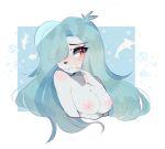  autumn_rhapsody blue_hair blush breasts bust_portrait eyelashes fredek666 fur hair mammal marine merfolk nipples pinniped portrait red_eyes seal white_body white_fur 