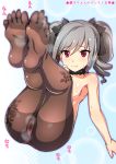  1girl ahen blush breasts closed_mouth commentary_request drill_hair eyebrows_visible_through_hair feet idolmaster idolmaster_cinderella_girls kanzaki_ranko legs long_hair looking_at_viewer no_shoes panties panties_under_pantyhose pantyhose red_eyes revision silver_hair small_breasts smell soles solo sweat toes topless twin_drills twintails underwear wet wet_clothes wet_panties wet_pantyhose 