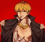  1boy bare_chest bite_mark blonde_hair cross cross_necklace fate/zero fate_(series) gilgamesh hickey jewelry maka_(mksrw) male_focus mouth_hold necklace red_eyes solo 