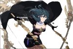  1girl armor axe black_shorts blue_eyes blue_hair bow_(weapon) byleth_(fire_emblem) byleth_(fire_emblem)_(female) closed_mouth dagger fire_emblem fire_emblem:_three_houses highres holding holding_sword holding_weapon medium_hair navel_cutout pantyhose polearm sakuuremi sheath sheathed shorts simple_background solo super_smash_bros. sword weapon white_background 