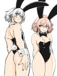  2girls absurdres animal_ears asimatosinosin ass backless_leotard bangs bare_legs bare_shoulders black_earrings black_leotard black_neckwear bow bowtie breasts bunny_ears bunny_tail cleavage cuffs detached_collar earrings eyebrows_visible_through_hair eyes_visible_through_hair grey_eyes highres io_(project_a.i.d) jewelry leotard looking_at_another looking_at_viewer medium_breasts medium_hair multiple_girls noa_(project_a.i.d) orange_hair parted_lips pink_eyes project_a.i.d silver_hair simple_background tail white_background white_earrings 