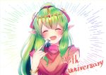  1girl absurdres anniversary bracelet closed_eyes eating fire_emblem fire_emblem:_mystery_of_the_emblem fork green_hair highres holding holding_fork jewelry long_hair open_mouth parupome pointy_ears ponytail solo tiara tiki_(fire_emblem) upper_body 