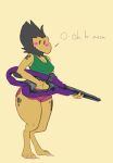  alien anthro artblush bare_shoulders blush bottomwear bungie canid canine canis clothed clothing dialogue female gun halo_(franchise) halo_(series) holding_object holding_weapon hotpants invalid_tag jackal kig-yar mammal microsoft ranged_weapon scalie shirt shorts solo t&#039;vaoan tank_top thick_thighs topwear video_games weapon wide_hips xbox_game_studios 