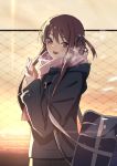  1girl 22/7 :d bag black_coat black_skirt blush bookbag brown_hair fence hair_rings hands_together hands_up long_hair looking_at_viewer nagareboshi open_mouth outdoors pink_scarf purple_eyes scarf sidelocks skirt smile solo sunset 