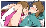  2girls blush brown_hair clenched_teeth closed_eyes ear_blush futami_ami futami_mami green_jacket hand_under_clothes highres hood hoodie idolmaster idolmaster_(classic) incest jacket miiii multiple_girls pink_jacket short_hair siblings sisters smile socks sweat teeth twincest twins white_legwear yuri 