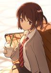  22/7 bench black_skirt brown_eyes brown_hair cup day disposable_cup drinking_straw hair_rings looking_at_viewer nagareboshi necktie outdoors red_neckwear school_uniform short_hair skirt 