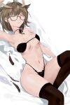  1girl 460180189 arknights armpits ass bangs bare_hips bed_sheet bob_cut breasts brown_hair cleavage feathers g-string glasses highres lingerie looking_at_viewer navel one_eye_closed pale_skin pantyhose reclining semi-rimless_eyewear silence_(arknights) thighs thong underwear yellow_eyes 