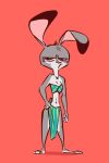  2019 annoyed anthro barefoot clothed clothing dipstick_ears disney female fluttershythekind fur grey_body grey_fur head_tuft judy_hopps lagomorph leporid looking_at_viewer mammal midriff multicolored_ears navel purple_eyes rabbit red_background simple_background solo standing tuft zootopia 