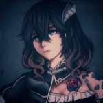  1girl bangs black_hair bloodstained:_ritual_of_the_night blue_eyes breasts cleavage dark dark_background fixelcat miriam_(bloodstained) portrait solo tattoo wavy_hair 