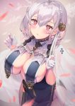  1girl aguy azur_lane bangs bare_shoulders blush braid breasts cape china_dress chinese_clothes cleavage dress gloves grey_dress hair_between_eyes hair_ornament half_gloves large_breasts looking_at_viewer petals red_eyes revealing_clothes see-through short_hair sideboob sirius_(azur_lane) sirius_(azure_horizons)_(azur_lane) solo white_gloves white_hair 