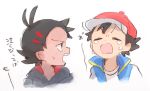  2boys baseball_cap black_hair blue_vest crying dark_skin dark_skinned_male gou_(pokemon) grey_shirt hair_ornament hairclip hat kurage2535 looking_at_another male_focus multiple_boys open_mouth pokemon pokemon_(anime) pokemon_swsh_(anime) satoshi_(pokemon) shirt simple_background spiked_hair sweat tears translation_request upper_body upper_teeth vest white_background white_shirt 