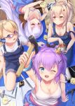  4girls :o ;d arm_up armpits ayanami_(azur_lane) azur_lane bare_legs bare_shoulders black_ribbon blonde_hair blue_eyes blue_overalls blush breasts cleavage glasses hair_between_eyes hair_ornament hair_ribbon hairclip headgear highres holding holding_hammer javelin_(azur_lane) laffey_(azur_lane) lavender_hair long_hair looking_at_another looking_at_viewer looking_back lying manjuu_(azur_lane) medium_breasts misomiso_154 multiple_girls on_back on_floor one_eye_closed open_mouth ponytail purple_eyes purple_hair red_eyes ribbon shirt small_breasts smile strap_slip tank_top twintails upside-down very_long_hair white_shirt white_tank_top z23_(azur_lane) 