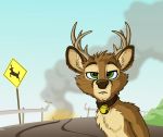  anthro antlers bell bell_collar brown_body brown_fur car_accident cervid clothed clothing collar deer_crossing fire fur green_eyes half-closed_eyes horn looking_at_viewer male mammal narrowed_eyes outside smoke solo tirrel tirrel_(character) topless whiskers 