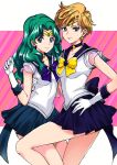  2girls absurdres back_bow bishoujo_senshi_sailor_moon blonde_hair blue_bow blue_choker blue_eyes blue_sailor_collar blue_skirt bow choker cowboy_shot gloves green_hair green_sailor_collar hand_on_hip highres kaiou_michiru leotard long_hair looking_at_viewer magical_girl multiple_girls pleated_skirt puca-rasu sailor_collar sailor_neptune sailor_senshi sailor_senshi_uniform sailor_uranus short_hair skirt ten&#039;ou_haruka very_short_hair white_gloves white_leotard yellow_bow 