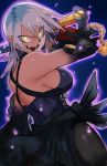 1girl aqua_(kingdom_hearts) aura breasts cleavage detached_sleeves evil_smile glowing highres keyblade kingdom_hearts kingdom_hearts_iii lightsource looking_at_viewer open_mouth short_hair sideboob silver_hair smile solo strap upper_body yellow_eyes 