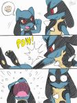  2016 ambiguous_gender anthro black_body black_fur blue_body blue_fur bodily_fluids canid canine comic crying duo fur hitting level_difference long_ears looking_down lucario mammal nintendo open_mouth pawpads paws pok&eacute;mon pok&eacute;mon_(species) punch red_eyes riolu simple_background size_difference smile spikes tears text video_games violence winick-lim yellow_body yellow_fur 